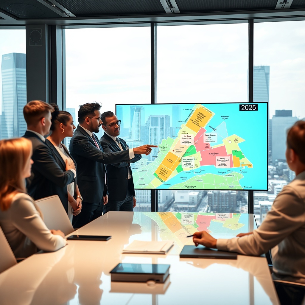 "A cutting-edge conference room scenario highlighting a group of professionals engaged in a focused discussion. At the center, a large digital screen displays a dynamic map of a city with various color-coded zones representing different real estate regulations in 2025. The professionals, a diverse group including men and women of various descents, are pointing at the screen, analyzing the map. Their attire is business formal, reflecting seriousness and expertise. The room is sleek and modern, with large windows showing a panoramic view of a bustling city skyline, symbolizing future growth and opportunities in real estate."