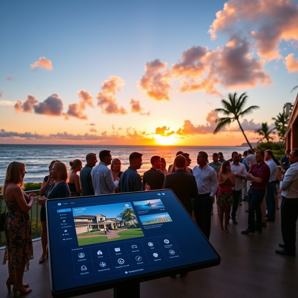"An elegant networking event set on a luxurious beachfront property in Hawaii, showcasing a diverse group of real estate professionals mingling. In the foreground, a high-tech interactive display shows a dynamic real estate software interface with features like virtual tours and market analytics. The backdrop features a stunning sunset over the ocean, emphasizing the allure of Hawaii real estate."