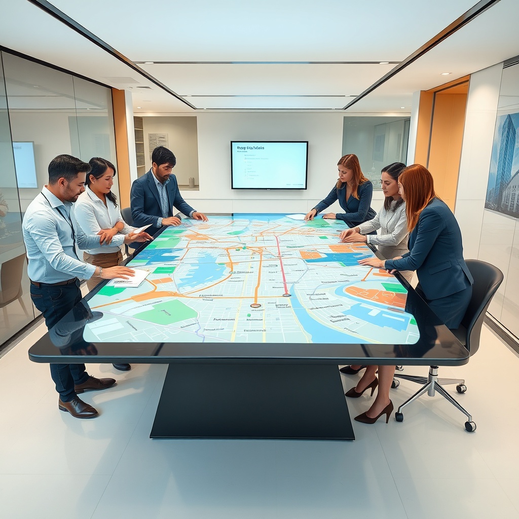"A sleek and modern real estate office environment with a large digital interactive table displaying a vibrant, detailed city map. The map showcases various layers of location data strategically highlighted, including overlays of school zones, public transport routes, and commercial areas. Surrounding the table, diverse professionals attentively analyze the data, visibly engaged in strategic discussions. The office space is well-lit, contemporary, emphasizing cutting-edge technology and forward-thinking in the real estate industry."