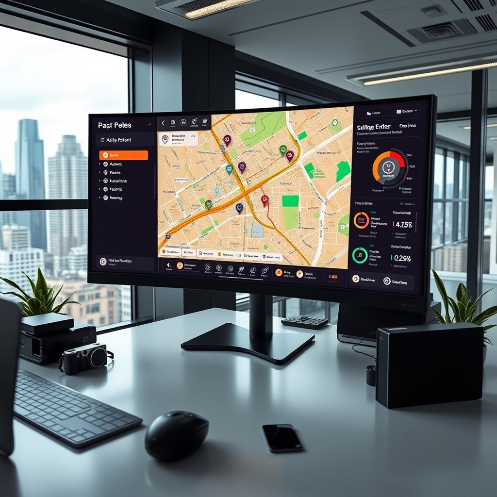 "A sleek, high-tech workspace featuring a large, curved monitor displaying an advanced real estate dashboard. The screen shows a vibrant, detailed city map peppered with interactive icons for various amenities such as schools, bus stops, and properties for sale. The surrounding desktop space is neat, with modern gadgets and hints of green plants, reflecting a cutting-edge, professional environment. The office has large windows with a view of the urban skyline, underlining the integration of urban data into real estate technology."
