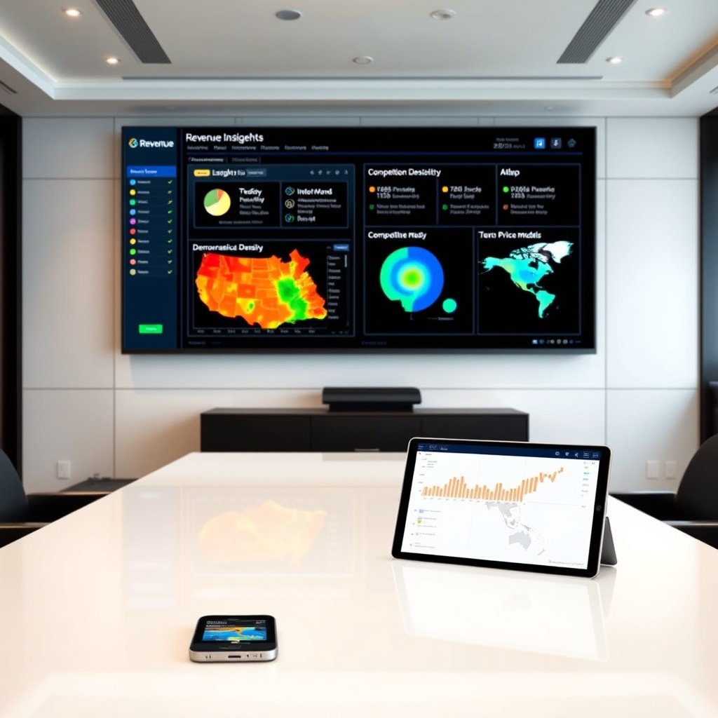 "A sleek conference room featuring a large digital display showing a sophisticated revenue management software interface. The software screen visualizes various location insights such as demographic heat maps, competition density, and dynamic pricing models across a regional map. In the foreground, a clean, modern desk with high-tech gadgets like a smartphone and a tablet, each showing parts of the revenue management system, emphasizes a high-tech, professional environment. The room is well-lit, conveying a sense of clarity and precision, ideal for tech-savvy business professionals and managers in the hospitality or retail industry."