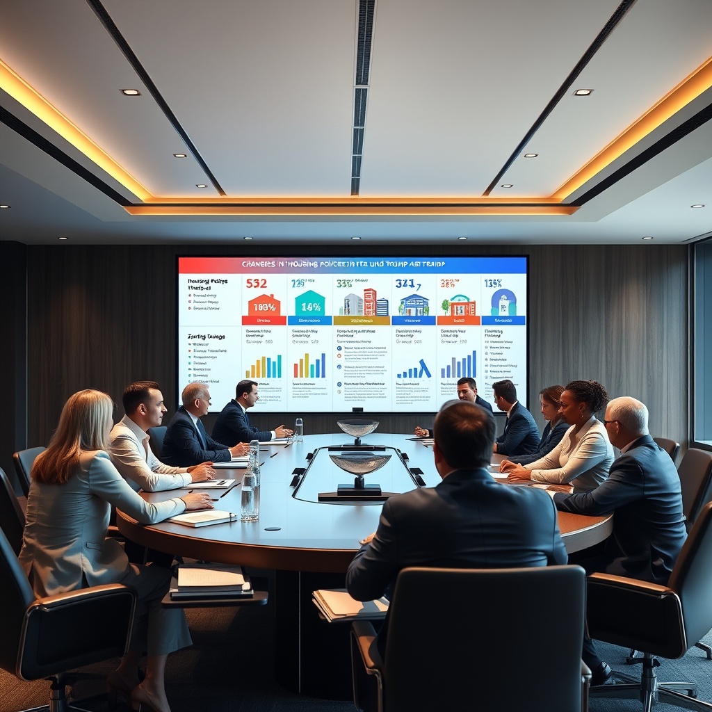 "A sleek, modern conference room setting with a large, oval table where diverse group of real estate professionals are engaged in a discussion. The focus is on a large digital screen on the wall, displaying a dynamic infographic illustrating changes in housing policies under Trump's administration, including interest rates, tax incentives, and zoning laws. The room is well-lit, conveying a tone of seriousness and professional urgency, with visible elements like architectural models and regulatory books that suggest thorough analysis and strategizing."