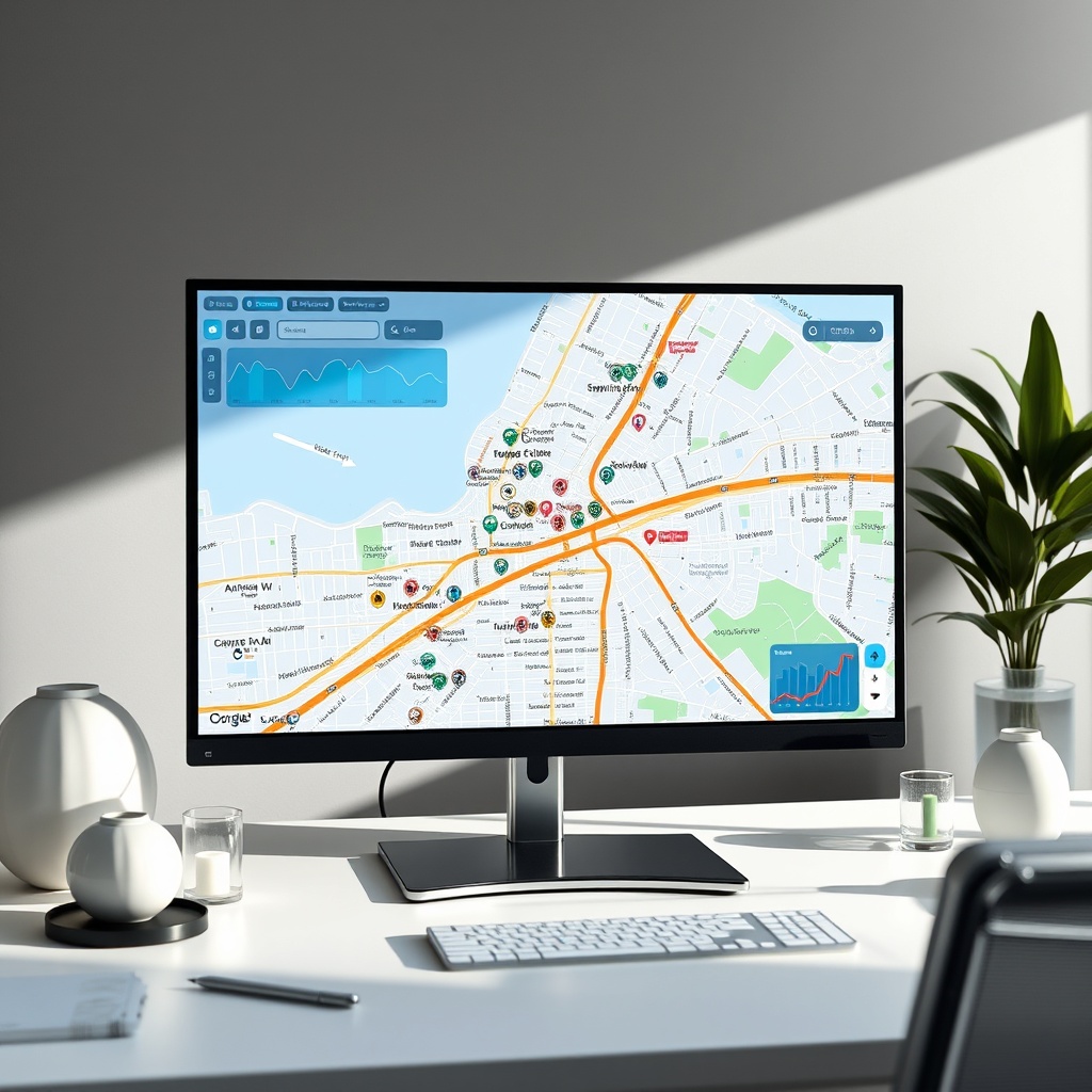 "A sleek, modern workspace featuring a large, high-resolution monitor displaying an advanced real estate analysis dashboard. The dashboard shows a dynamic city map rich with icons indicating various real estate data points such as schools, bus stops, and train stations, interspersed with sophisticated data overlays like demographic trends and property value increases. Surrounding the monitor, the workspace is stylishly furnished with minimal decor, emphasizing a clean, professional look, bathed in soft, natural light to suggest a focus on innovation and precision in real estate market analysis."