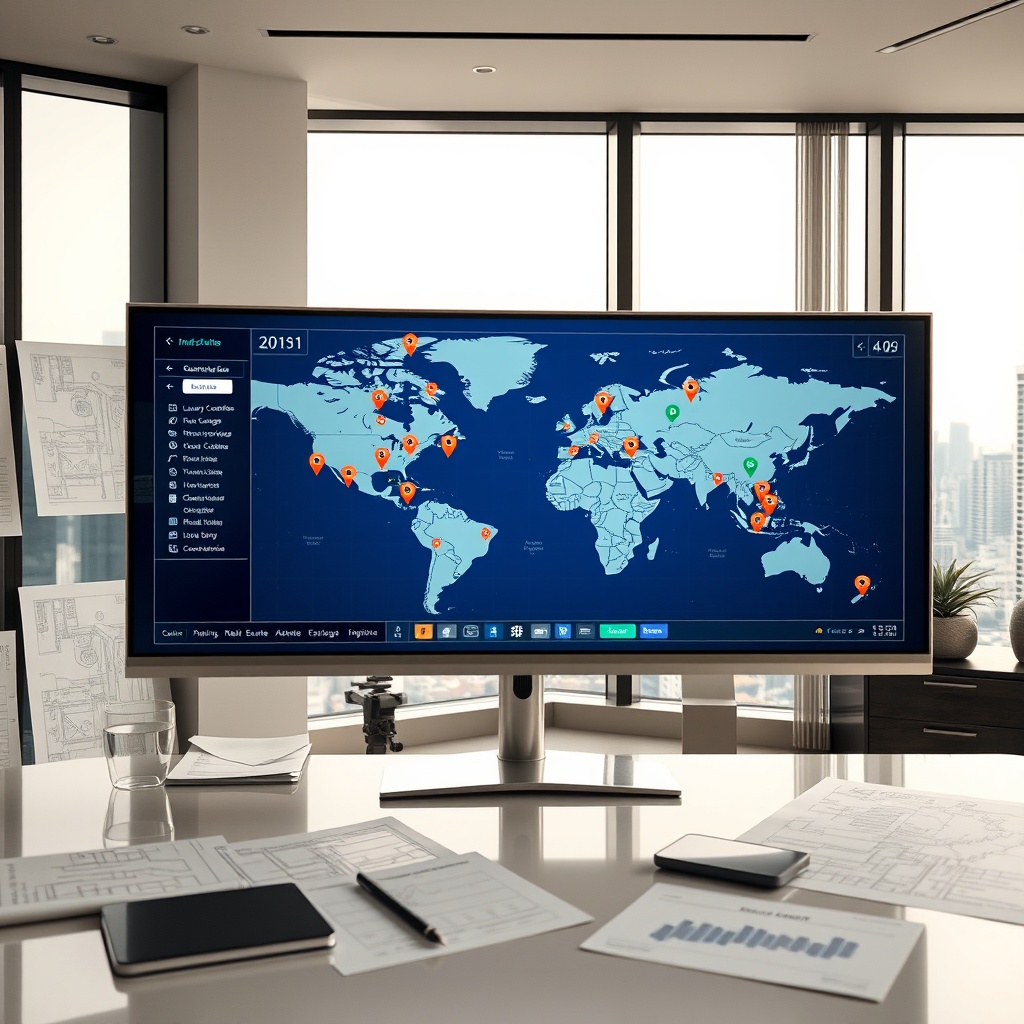 "A sophisticated real estate investor's office, featuring a large, sleek monitor displaying an interactive map brimming with enriched data insights. The map shows diverse real estate niches like luxury condos, quaint cottages, and commercial real estate, each pinpointed with vibrant, distinct icons. The office ambiance reflects upscale professionalism with a spacious desk, architectural blueprints, and a cityscape visible through the window, conveying a blend of traditional and modern real estate opportunities."