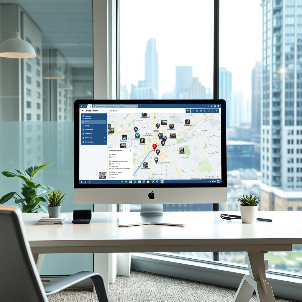 "A contemporary office setting featuring a large, sleek monitor on a desk displaying the Location Enrich API interface. The screen shows a dynamic map pinpointing various property listings with enhanced details like nearby schools, parks, and transportation links. The backdrop includes a peek through a window showing a bustling cityscape, emphasizing urban real estate development. The overall ambiance is clean, professional, and geared towards real estate agents and developers interested in tech-driven solutions."