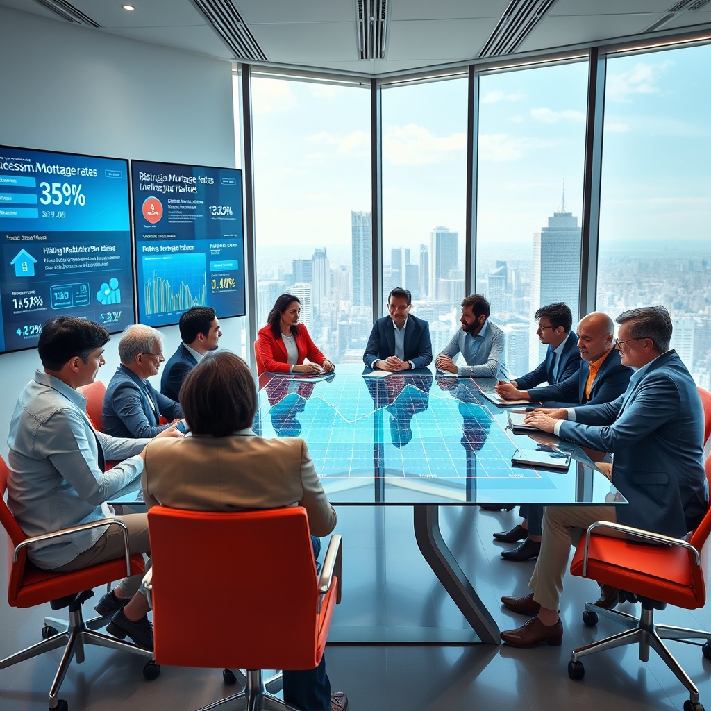 "A dynamic office environment where a diverse group of real estate professionals is engaged in a collaborative meeting around a high-tech glass table. On the table's surface, a holographic projection of a fluctuating graph showcases rising mortgage rates alongside various strategic responses. In the background, large digital screens display news about economic trends and housing market analytics. The room is sleek and modern, with large windows showing a city skyline, conveying a sense of urgency and innovation in facing economic challenges. The overall atmosphere is serious yet forward-thinking, aimed at attracting attention from real estate investors and professionals."