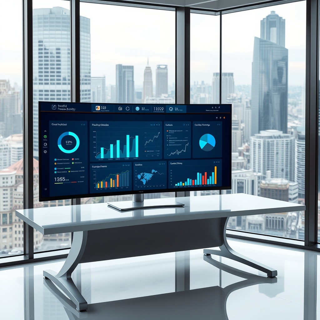 "A sleek, high-tech financial dashboard showing real-time analytics and impact metrics of NonDel+'s innovative solutions in real estate finance. The scene depicts a large, curved monitor on a minimalist desk surrounded by glass walls with a view of a bustling cityscape. The dashboard displays charts, graphs, and maps indicating financial trends, investment returns, and market predictions. The office setting conveys a modern and professional atmosphere, appealing to financial experts and real estate investors looking for cutting-edge tools."