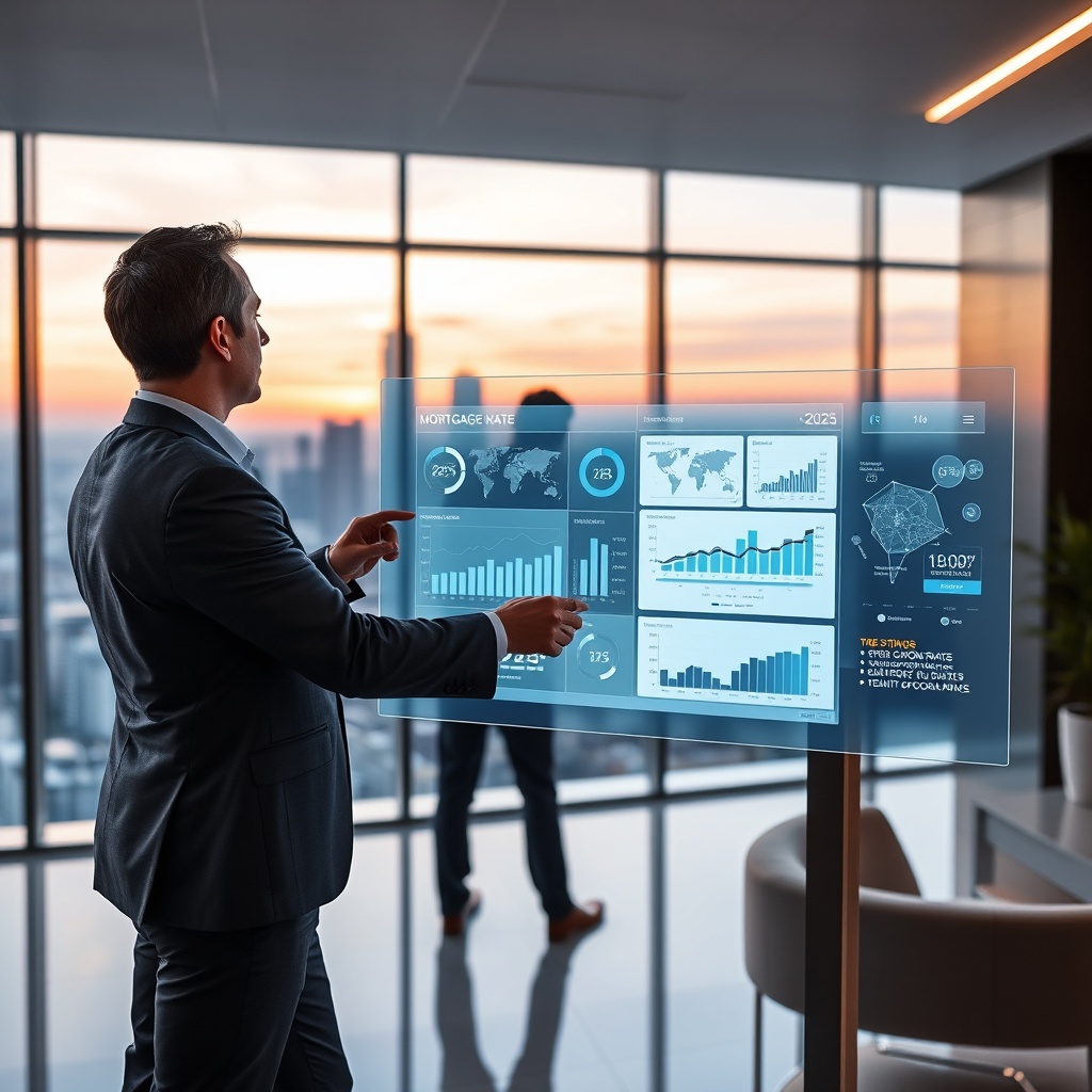 "An interactive and sophisticated workspace showcasing a mortgage professional analyzing key metrics on a futuristic, transparent touchscreen monitor. The dashboard displays a blend of dynamic charts and graphs reflecting mortgage rate trends, policy updates, and tech integrations for 2025. The backdrop features a sleek, minimalist office with a panoramic view of a skyline at dusk, symbolizing innovation and forward-thinking in the mortgage industry. The focus is on a high-tech vibe with a professional, yet inviting atmosphere."