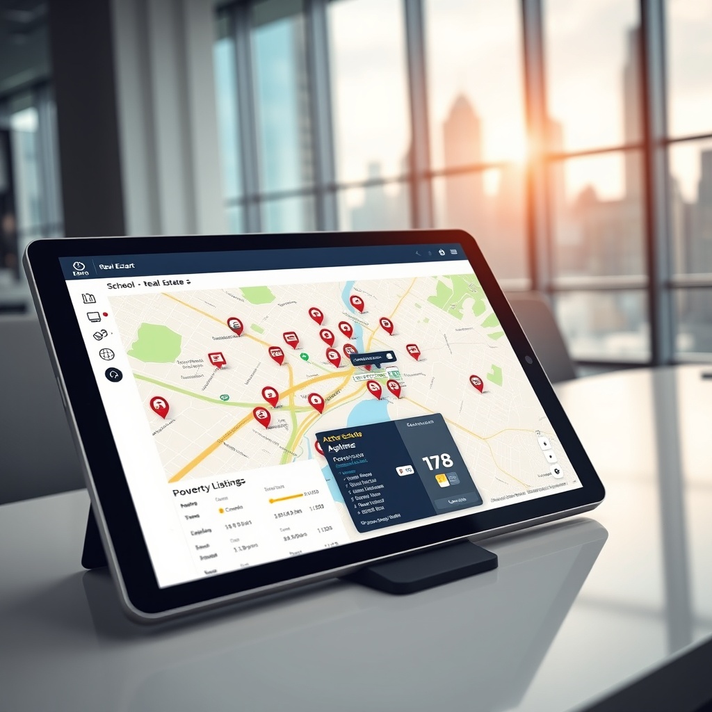 "A cutting-edge real estate dashboard on a high-resolution tablet screen, showcasing an interactive city map dotted with dynamic icons representing schools, bus stops, and active property listings. The tablet rests on a sleek, modern desk in a well-lit office environment, with views of the city skyline through large windows behind it, illustrating the integration of real estate with advanced location data technology. The scene is styled to convey a theme of innovation and efficiency in the real estate industry."