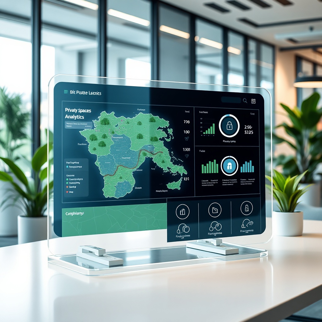 "Visualize a modern, sleek workspace featuring a futuristic real estate tech dashboard showing an interactive map with various data overlays. In the foreground, there's a clear, 3D glass display showing layered information about property analytics, green spaces, and compliance icons related to privacy regulations. This setup is in a stylish office environment with glass walls and indoor plants that convey a blend of technology and sustainability. The scene emanates a vibe of high-tech professionalism and privacy-aware innovation, appealing to forward-thinking real estate professionals."
