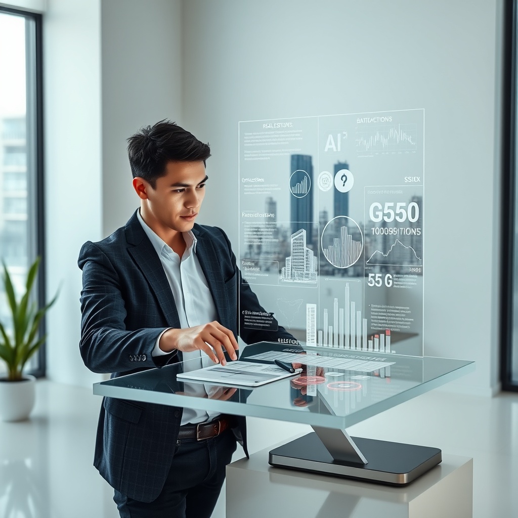 "A sleek, contemporary workspace featuring a young professional interacting with an advanced, transparent touch screen floating above a desk. The screen displays a dynamic real estate application with various tech integrations, including AI predictions, blockchain transactions, and modern graphical representations of market trends. In the background, subtle visuals of urban and suburban areas blend into the interface, symbolizing the GSE shifts impacting property investment strategies. The environment is well-lit, with minimalist decor to emphasize clarity and focus."