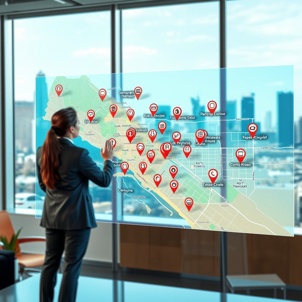 "A dynamic and visually stimulating office environment, featuring a real estate agent in the foreground viewing a large, transparent interactive display. The display shows a vibrant and detailed map of Los Angeles, dotted with advanced location data markers such as demographic overlays, real-time property values, and infrastructure data. Each marker is distinctively designed to represent different data types such as schools, public transport, and commercial hubs. The background subtly captures the iconic L.A. skyline through a window, emphasizing the real-world application of the data. The scene conveys a sense of cutting-edge technology and strategic insight, appealing to forward-thinking real estate professionals."
