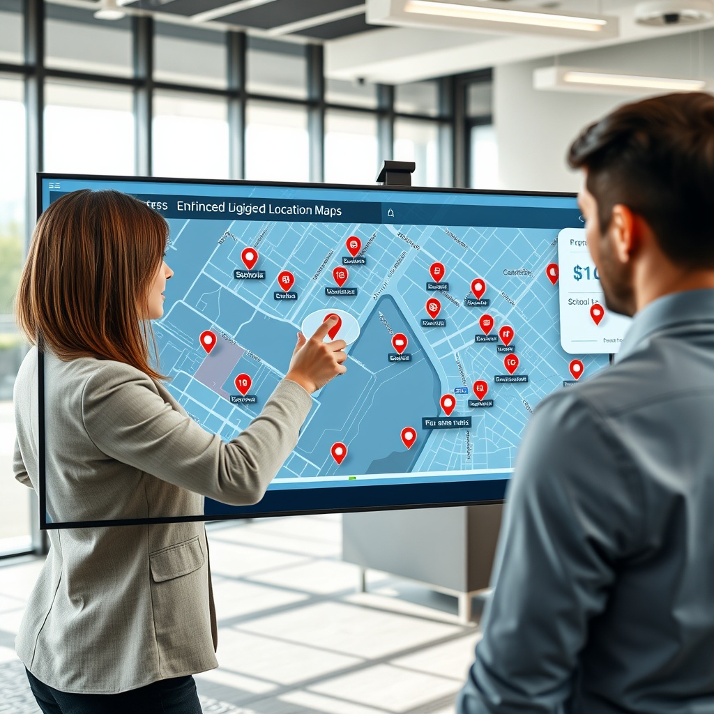"A modern office environment featuring a real estate agent exploring an innovative, interactive digital map on a sleek touchscreen display. The map prominently showcases enriched location data with vibrant icons for schools, bus stops, train stations, and various properties outlined. The office is tastefully decorated with minimalistic furniture and large windows allowing ample natural light, emphasizing a forward-thinking and professional atmosphere suited for real estate professionals."