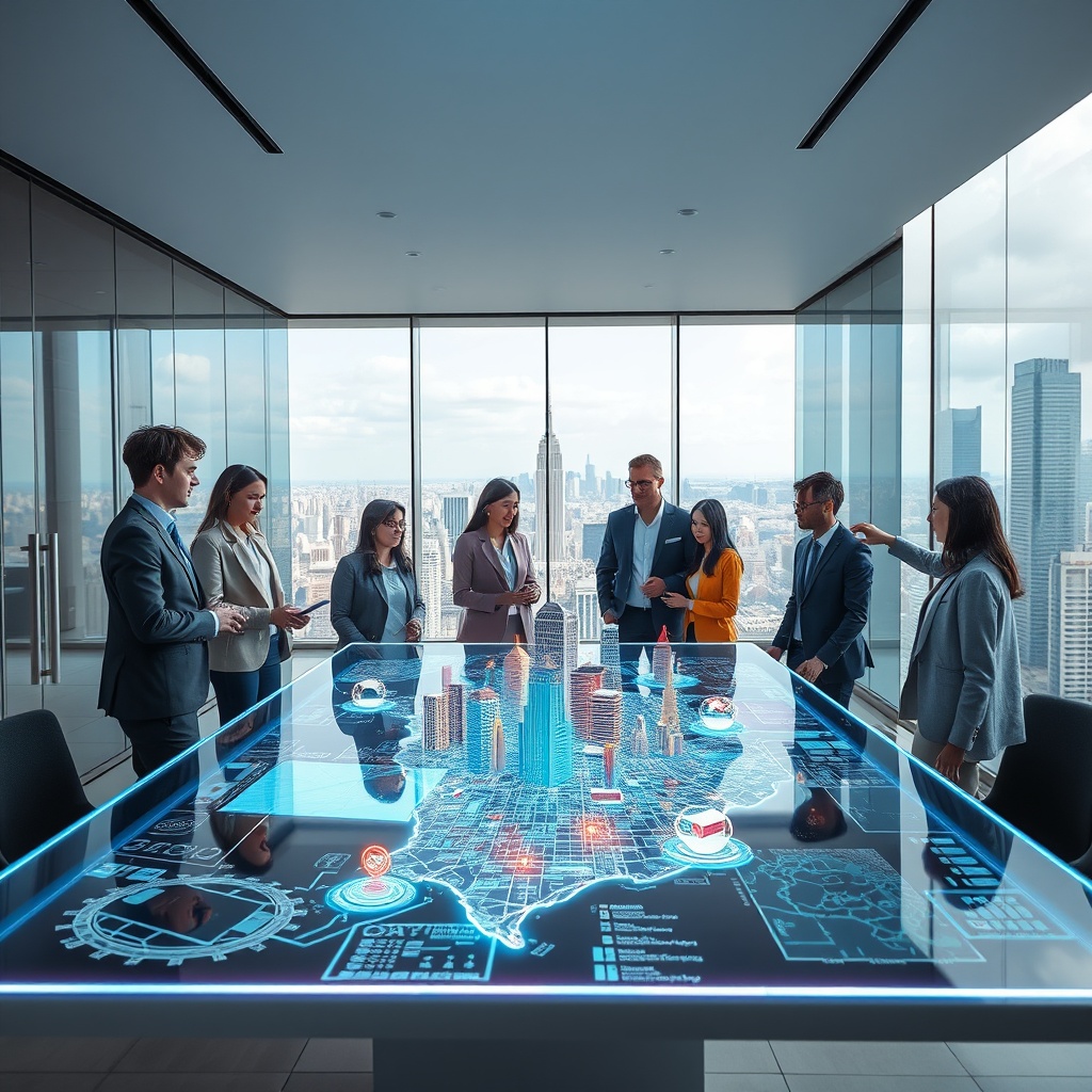 "A cutting-edge real estate office environment capturing the dynamic atmosphere of 2025. The scene showcases a sleek, ultra-modern office space with glass walls and a minimalist design. At the center, a young, diverse group of real estate professionals collaborate around a high-tech interactive table display, which shows a vibrant, 3D holographic map of a city. The map is dotted with dynamic icons representing real-time property analytics, market trends, and futuristic tech tools like AI and VR, indicating areas of growth and opportunity in real estate. The background features panoramic views of an urban skyline, symbolizing the growth and integration of urban development with advanced technology."