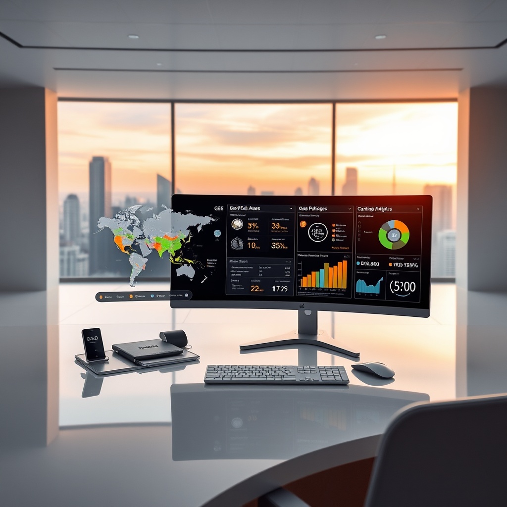 "A sleek and modern real estate agent's workspace representing the future of the industry in 2025. The desk features a high-tech computer display showing a dynamic map and various tools highlighting GSE (Government-Sponsored Enterprise) policy changes. The screen displays an interactive map with areas benefiting from new policies, alongside advanced analytics tools for real estate valuation and trends. The background shows a clean, minimalist office space with panoramic windows looking out onto a city skyline, symbolizing growth and opportunity. The environment is professional and futuristic, appealing to tech-savvy real estate professionals and investors."