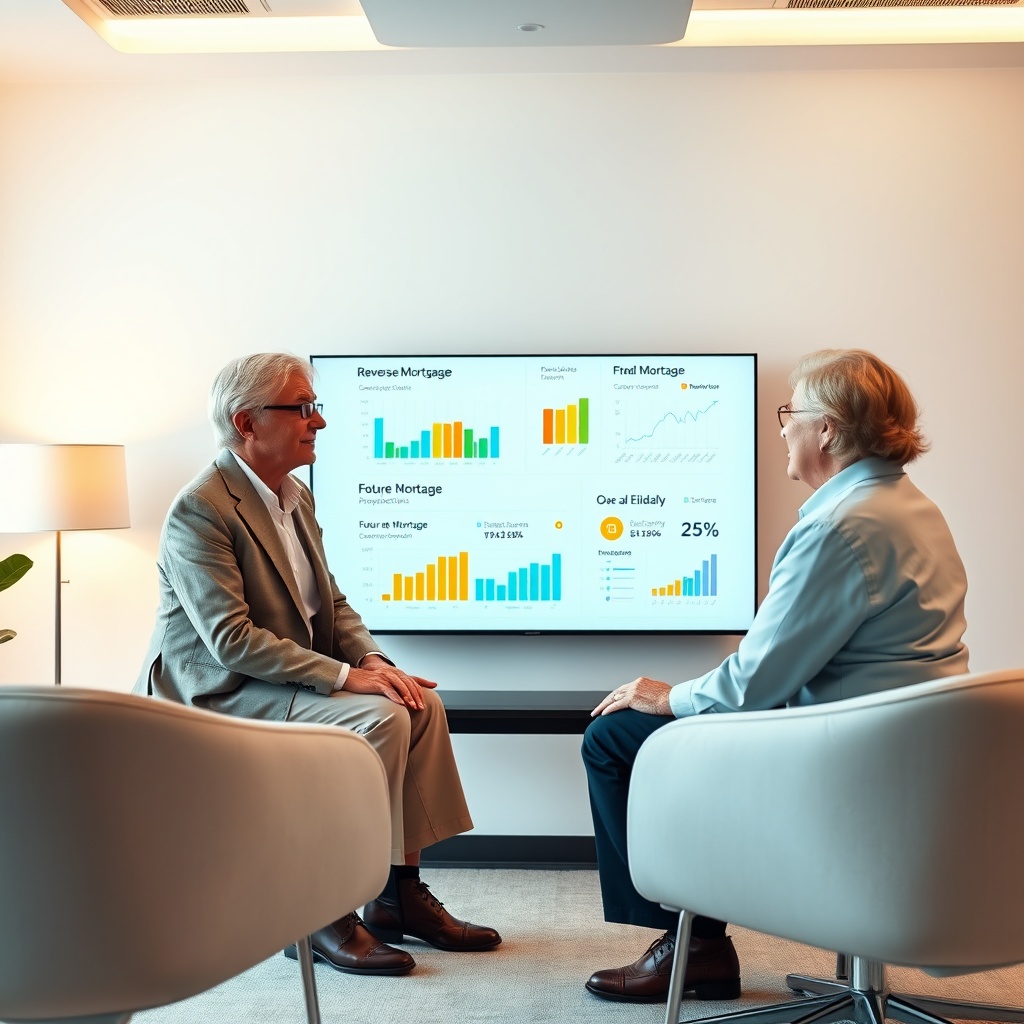 "A sleek, high-tech workspace featuring a financial advisor sitting across from an elderly couple, both looking engaged and comfortable. The focus is on a large, clear screen displaying a user-friendly interface of a reverse mortgage application. The screen shows interactive charts and graphs about future mortgage projections and demographic data relevant to the elderly. Elegantly minimalist furniture and warm lighting create an inviting yet professional atmosphere, emphasizing a secure and independent future for seniors."