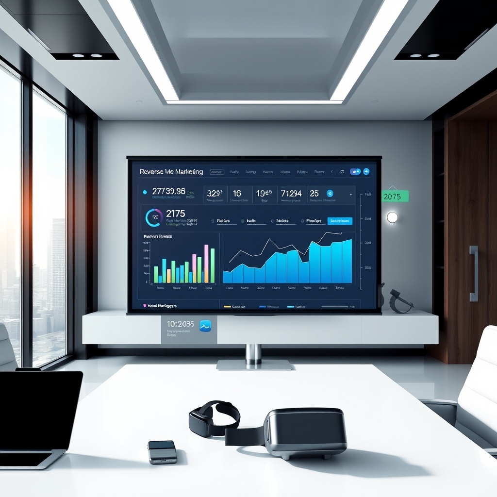 "A sleek, modern office environment with a high-tech atmosphere featuring a large digital display showcasing a dynamic reverse mortgage marketing dashboard. The screen displays graphs, demographics data, and a timeline suggesting the technological advancements in 2025. Surrounding the display are visible elements of advanced tech gadgets like a smartwatch, a tablet, and a virtual reality headset, demonstrating the cutting-edge technology used in marketing these financial products. The office has minimalist decor, with a view of a city skyline to emphasize forward-thinking and innovation in a professional setting."