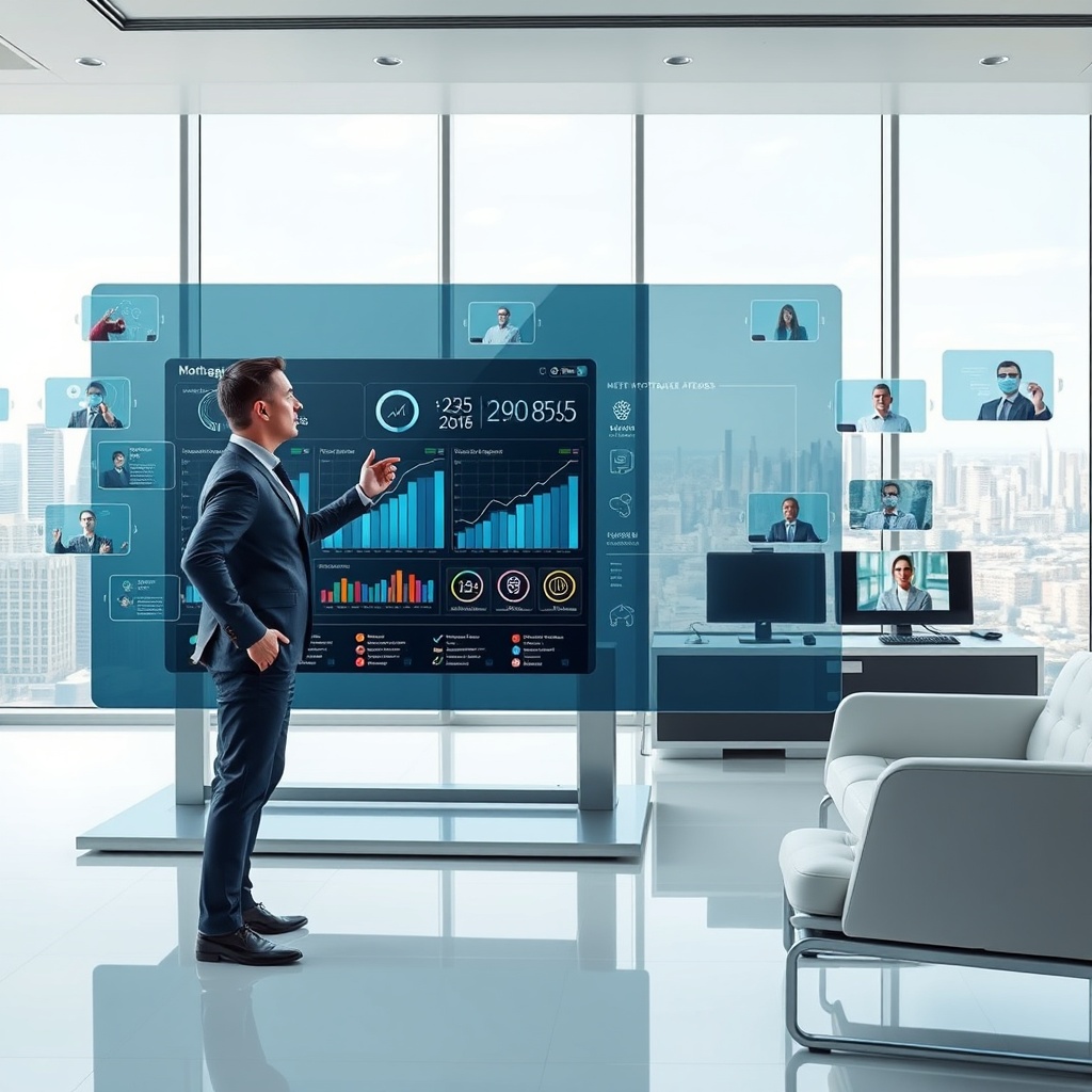 "A sleek, futuristic fintech office environment showcasing a large, transparent touchscreen display. The screen is actively used by a professional in smart casual attire, revealing a dynamic mortgage analytics dashboard. The dashboard features interactive graphs predicting mortgage trends and highlighting key growth areas for 2025. Around the user, there are digital interfaces floating, showing real-time data analysis and virtual meetings happening with clients. The office is minimalist with high-tech, modern furnishings and has large windows overlooking a city skyline, embodying a sense of cutting-edge technology and financial innovation."