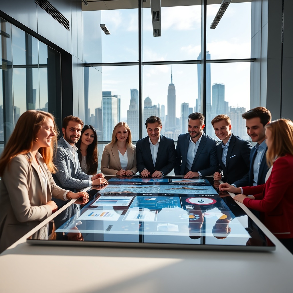 "A modern and sleek office environment featuring a young, diverse group of real estate professionals gathered around a large digital touchscreen table. The screen displays an interactive webinar on real estate trends and the latest digital tools. The office has glass walls, letting in ample natural light and showcasing a vibrant city skyline outside, symbolizing opportunity and growth in the real estate sector."