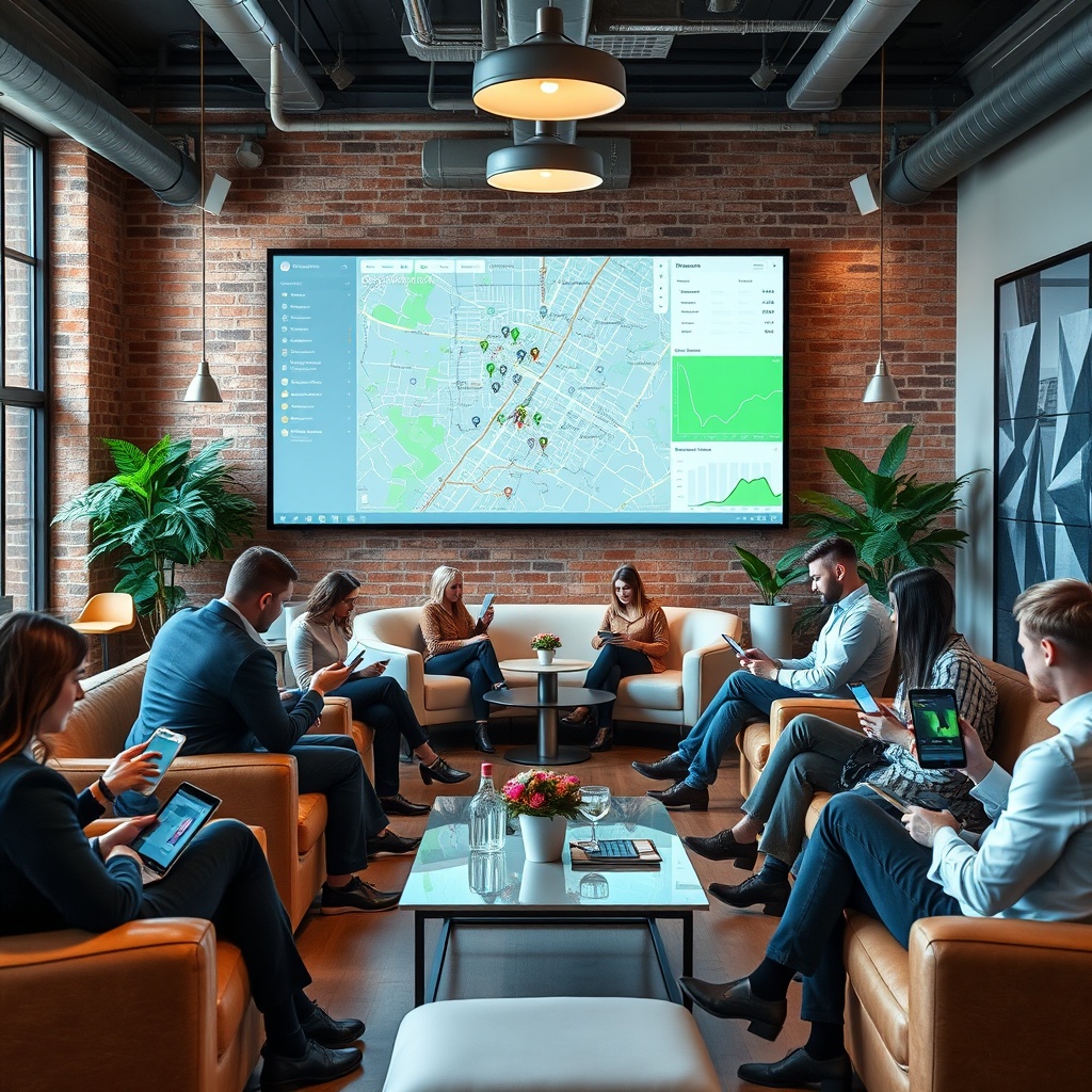 "An elegant coworking space filled with real estate professionals using sophisticated proptech tools on their devices. The central focus is on a large digital display showing an interactive map with enriched location data such as demographics, traffic patterns, and property values. The interior of the coworking space embodies a fusion of modern and rustic styles, featuring exposed brick walls and sleek, contemporary furniture. The environment conveys a blend of collaboration and high-tech innovation, appealing to forward-thinking real estate developers and marketers."