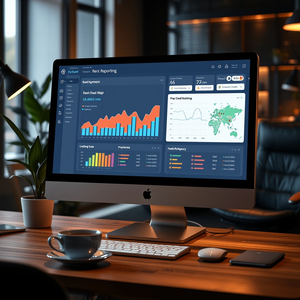 "A dynamic, modern desktop environment showcasing a glowing computer screen displaying an innovative rent reporting software interface. The interface features a dashboard with graphs showing rental payment trends, credit score improvements over time, and geographical heat maps of property locations. The background includes a sophisticated workspace setting with visible elements like a cup of coffee, a plant, and stylish, ergonomic furniture, emphasizing efficiency and modernity in the real estate business."