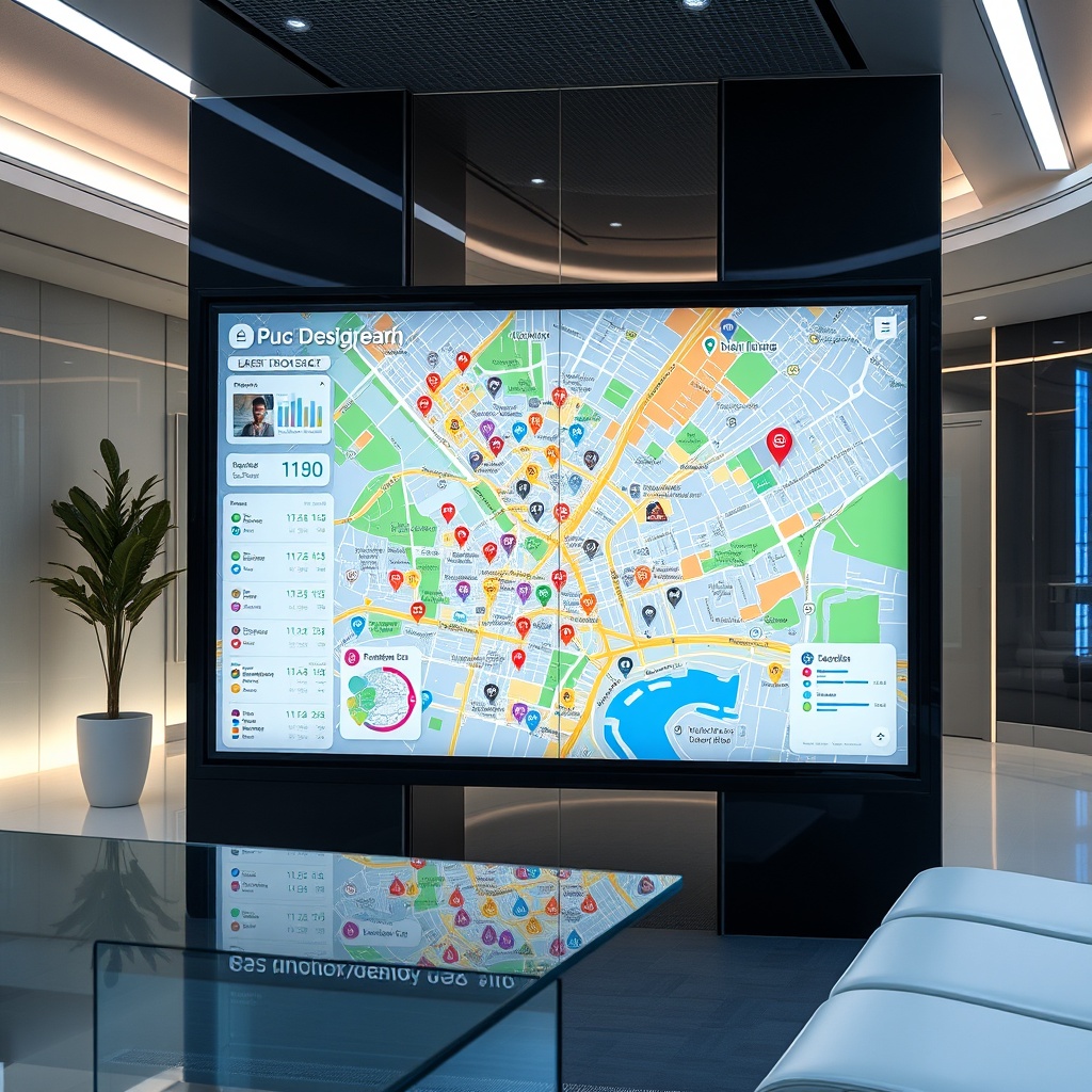 "A sleek, futuristic workspace featuring a high-tech, interactive real estate dashboard on a large transparent screen. The screen displays a vibrant, detailed city map teeming with dynamic icons indicating various properties, schools, bus stops, and other amenities. The environment suggests a blend of sophistication and innovation, tailored for urban real estate professionals looking to harness the power of enhanced location data in their property listings. The room has a minimalist design with glass surfaces and ambient lighting to reflect a forward-thinking atmosphere in 2025."