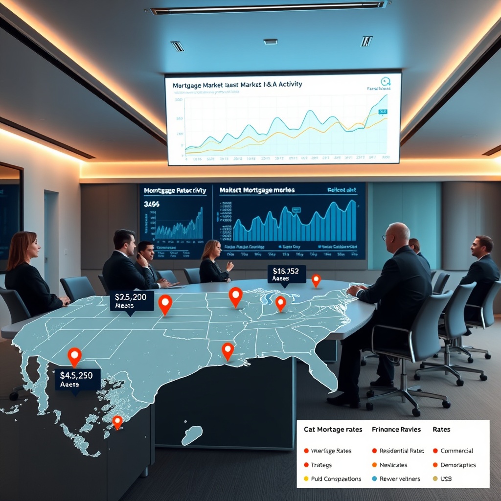 "A sleek, modern conference room with a large digital display showing a dynamic graph of mortgage market trends and M&A activity. In the foreground, a virtual map illustrates various mortgage rates across different regions, enhanced by location data icons such as residential areas, commercial districts, and demographic overlays. The room is occupied by professionals in business attire, actively discussing strategies, indicating a focus on sophisticated financial analysis and decision-making."