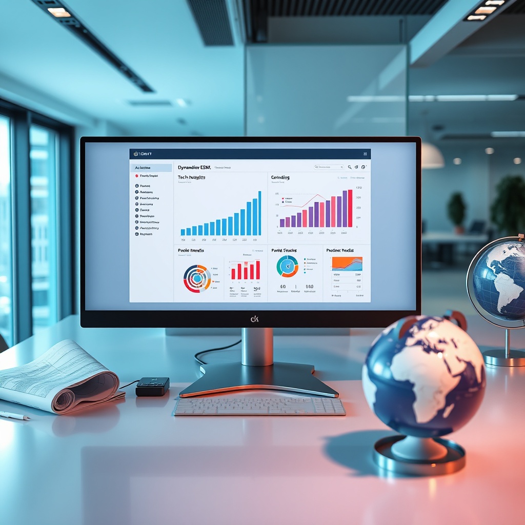 "A forward-thinking office environment featuring a sleek, modern workspace with a large desktop monitor showcasing a dynamic real estate platform. The screen displays advanced analytics and tech insights specifically tailored for real estate, including GSE reform impacts, market trends, and predictive models. Around the workspace, subtle decor elements such as architectural blueprints and a digital globe emphasize a global perspective on real estate investment. The office setting radiates a high-tech, professional vibe to appeal to industry experts and tech-savvy real estate investors."