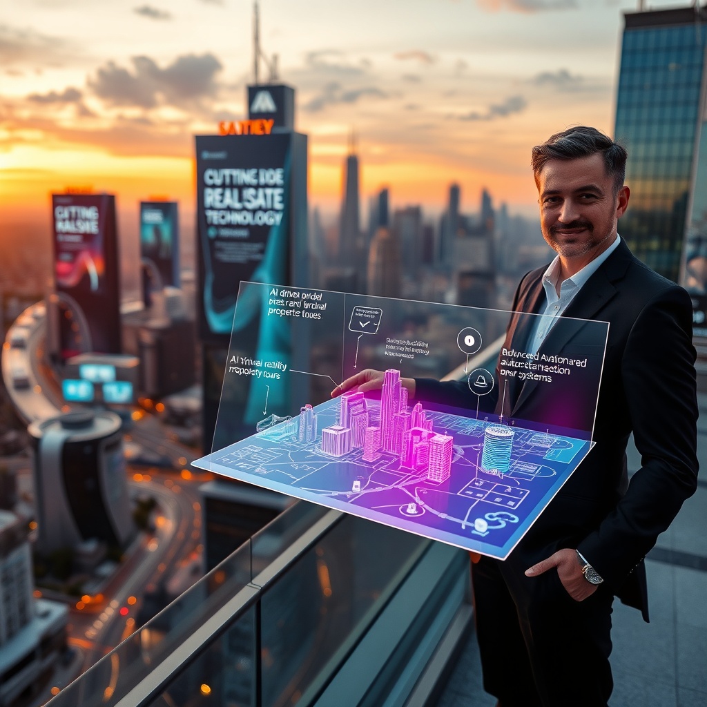 "Visualize a sleek, futuristic urban landscape at dusk, with holographic billboards displaying cutting-edge real estate technologies. In the foreground, a transparent, interactive display showing a 3D map of a city where advanced tech trends like AI-driven real estate analytics, virtual reality property tours, and automated transaction systems are highlighted. This display is held by a professional real estate agent dressed in smart casual attire, standing on a high-tech, panoramic rooftop office with a view of the city skyline, illustrating how technology seamlessly integrates into the urban environment and modern real estate practices."
