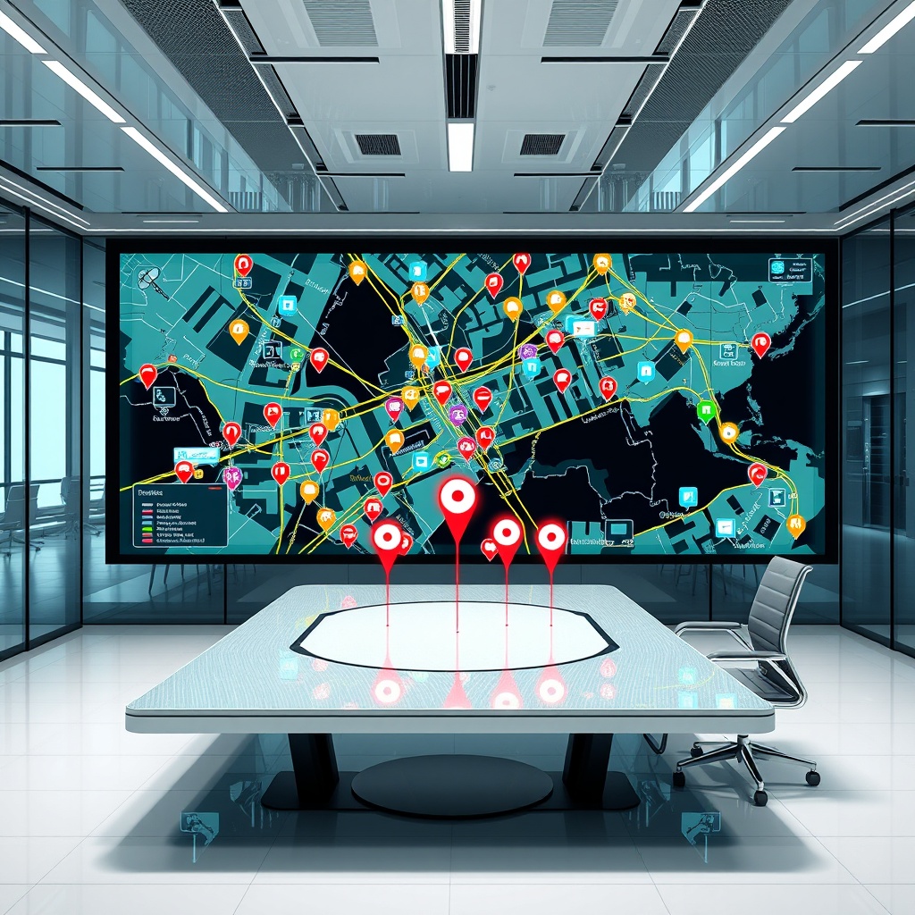 "A sleek, high-tech command center showcasing a large interactive display with a dynamic real estate map. The map features vibrant icons representing different types of location data — schools, parks, and bus stations — all interconnected with colorful, animated lines. Real estate properties are marked with elegant, glowing pointers. The environment is a futuristic office space with glass walls and minimalist furniture, emphasizing clarity, transparency, and advanced technology."