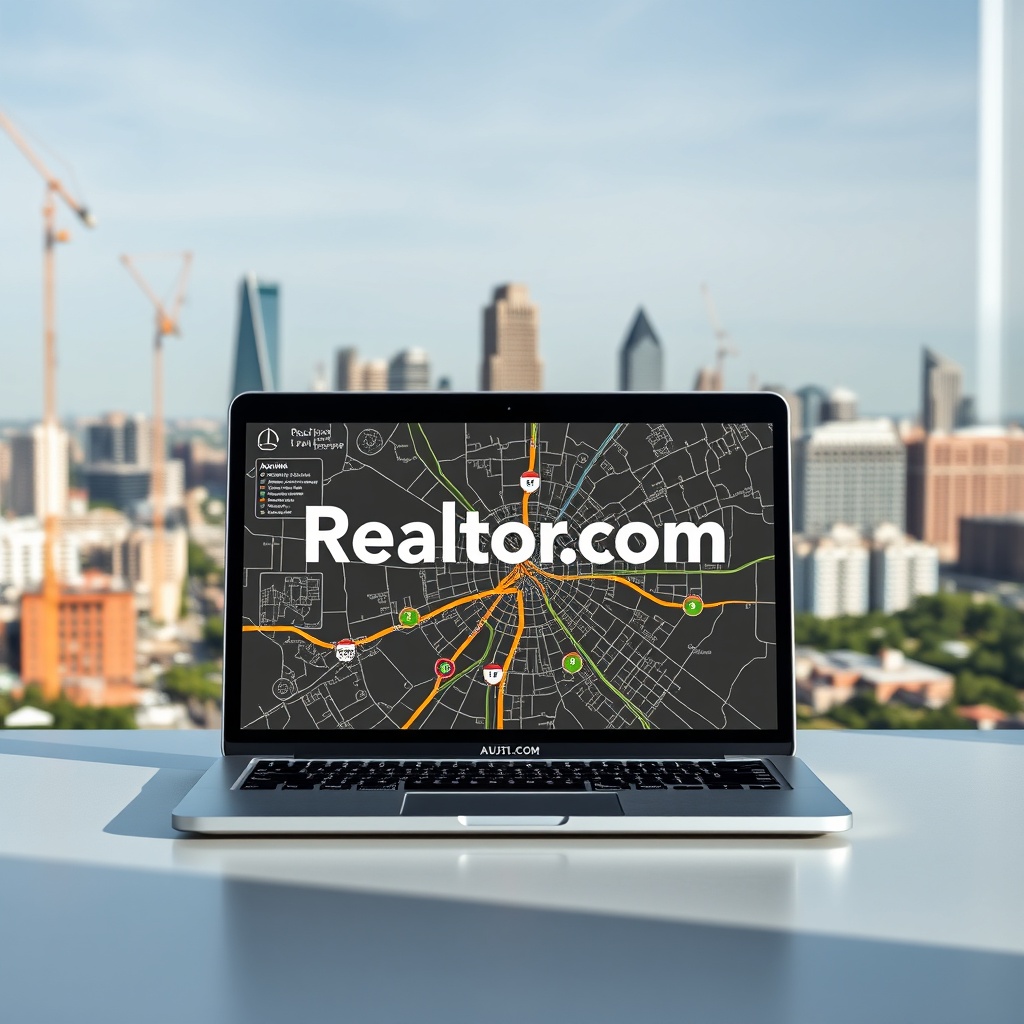 "A sleek and modern workspace showcasing an open laptop with Realtor.com on the screen, illustrating Austin's city map filled with dynamic overlays of tech industry zones, popular residential areas, and major transport links. The background features a panoramic view of Austin's skyline dotted with cranes and new buildings under construction, symbolizing growth and opportunity in the tech sector. The scene conveys a sense of forward-thinking and strategic planning, appealing to tech professionals and real estate investors."