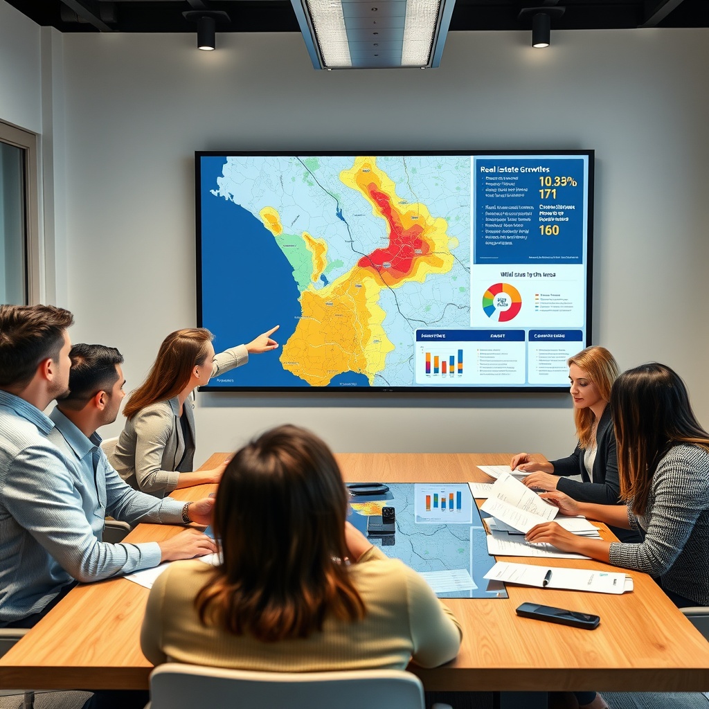 "A crisp and professional scene capturing a real estate developer’s strategic meeting room, featuring a large digital display showcasing a detailed map of a residential area with overlaid color-coded zones indicating various wildfire risks. The display also includes graphical representations of real estate growth areas that are strategically chosen for resilience against natural disasters. Around the table, diverse group of real estate professionals are engaged in discussion, pointing at the screen and examining documents. The room is well-lit, modern, and equipped with high-tech tools, reflecting a focus on innovation and safety in property development."
