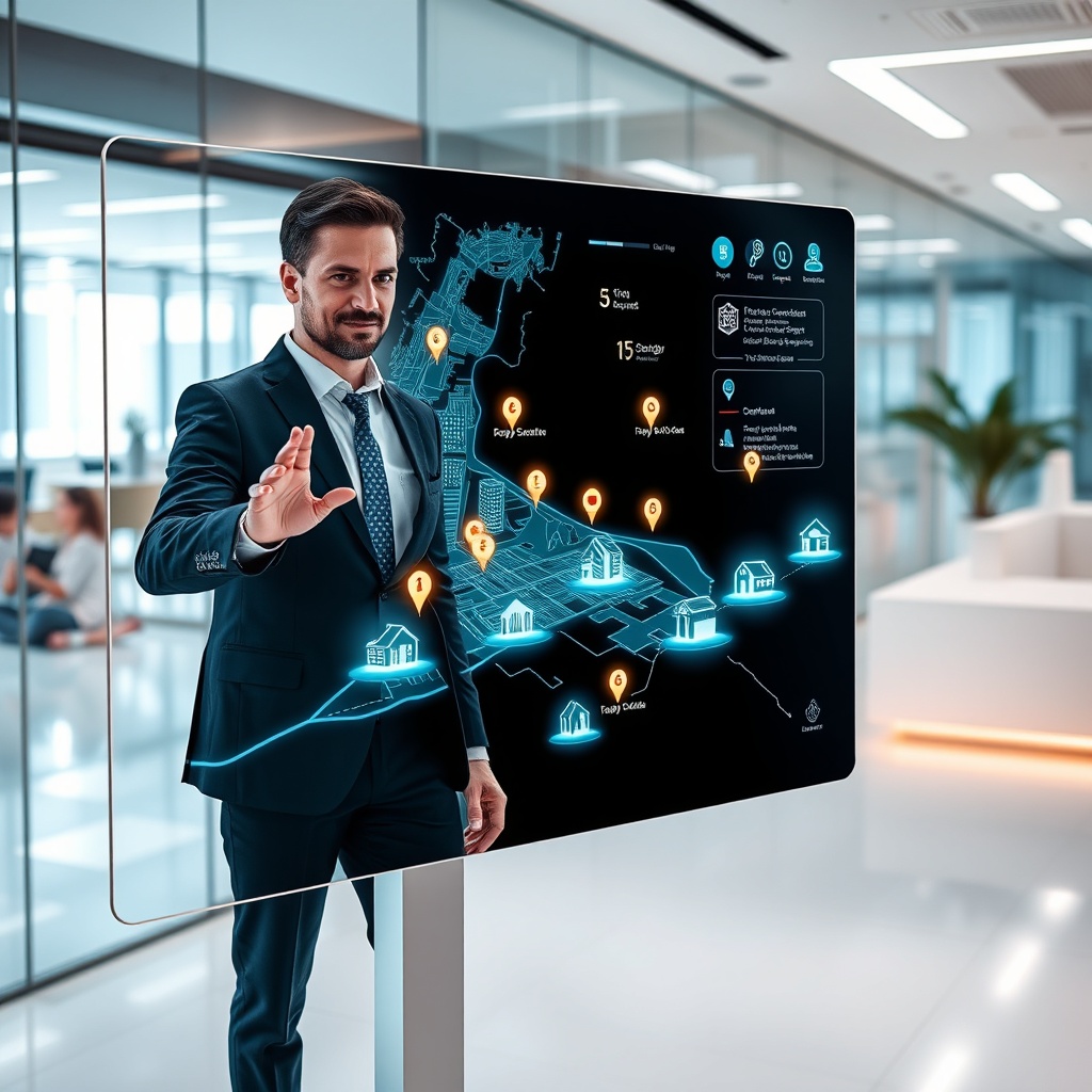 "A future-oriented, sleek workspace featuring an innovative real estate agent interacting with a large, transparent touchscreen display. The display shows a dynamic, interactive 3D city map indicating various real estate properties using glowing, color-coded markers for different property statuses. The background reveals a high-tech office setting with glass walls and minimalist decor, reflecting a cutting-edge, professional environment. The setting is bright and forward-looking, appealing to modern real estate professionals interested in technology and advancements in the field."