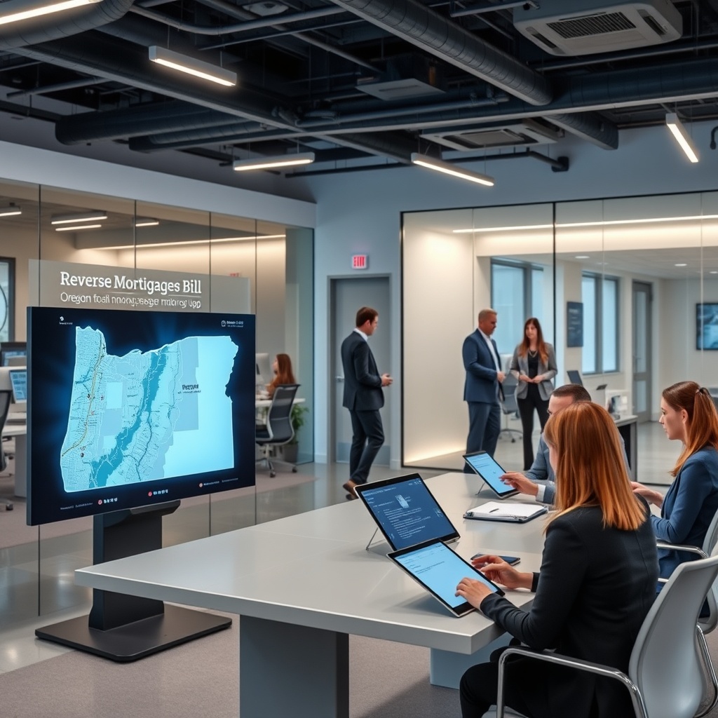 "A high-tech real estate office with advanced digital tools prominently displayed. One area shows a sleek, interactive display with a detailed Oregon map, pinpointing areas affected by the new reverse mortgage bill. The office setting is modern and sophisticated, with real estate professionals engaged in discussions or working on tablets. The environment suggests a blend of technology and real estate expertise, fitting the bill's implications for tech-driven growth in the sector."
