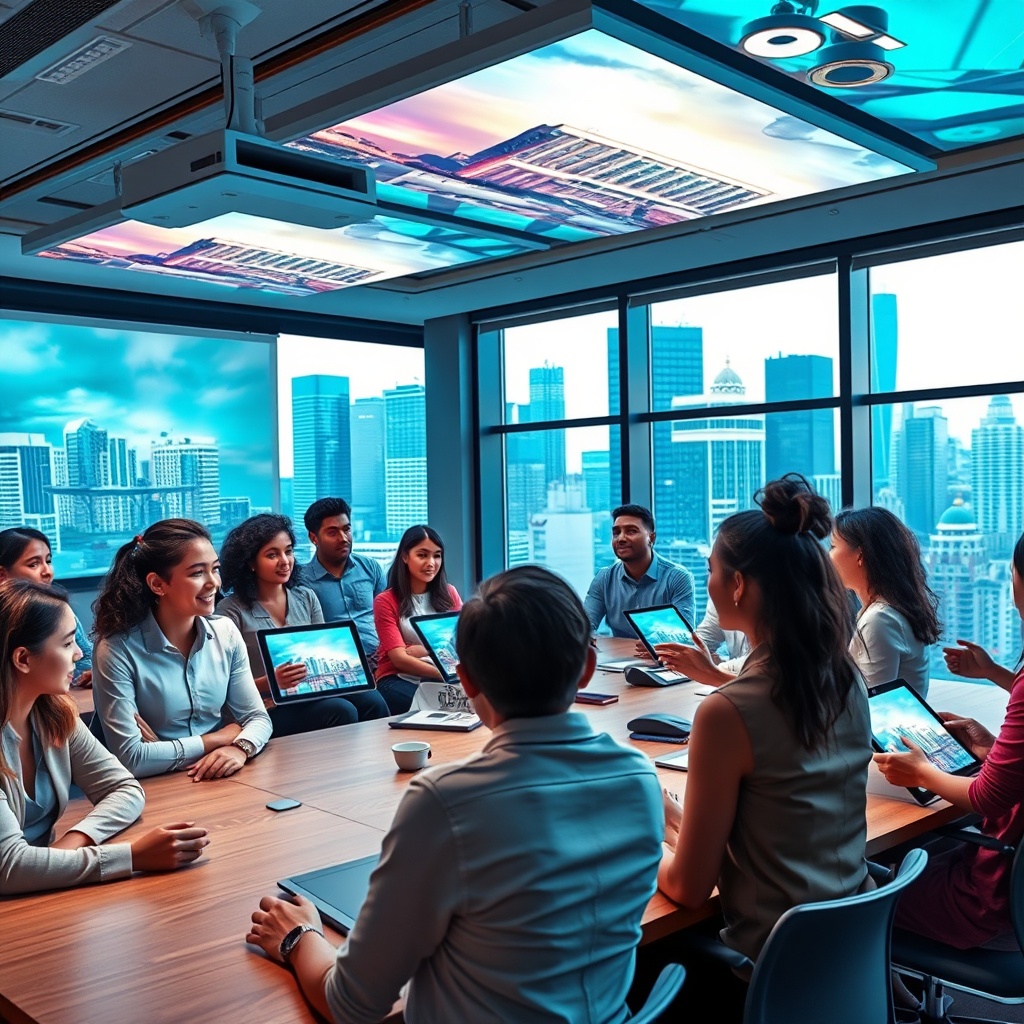 "An image of a diverse group of aspiring real estate agents engaged in a dynamic classroom setting, equipped with futuristic technology like holographic projectors and digital tablets displaying interactive real estate material. The classroom has large windows with a vibrant cityscape view, symbolizing opportunity and growth in urban real estate markets. The scene conveys a sense of innovation, professionalism, and inclusivity, reflecting the cutting-edge training environment that Colibri Real Estate offers for prelicensing education."