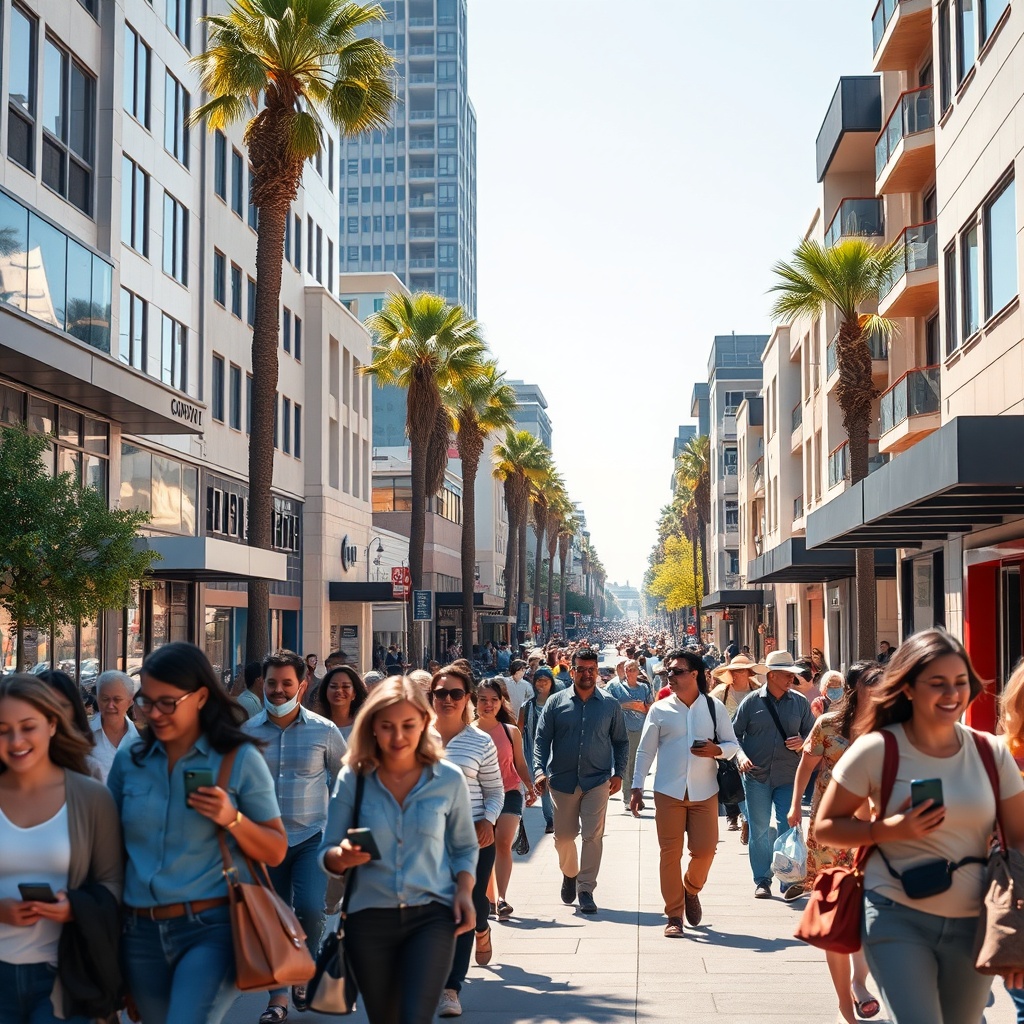 "A vibrant, sunlit scene of a bustling California street showcasing a mix of modern and traditional architecture. The foreground should feature a diverse group of people of various ages and ethnicities engaging in everyday activities like walking, shopping, or interacting with one another, emphasizing a thriving community. Each person subtly interacts with digital devices like smartphones or tablets, displaying dynamic infographics that indicate rising property values, population growth, and advanced infrastructure developments in California. This scene depicts a realistic and optimistic view of California's real estate market in 2025, challenging the myth of a mass exodus and promoting the state's appeal."