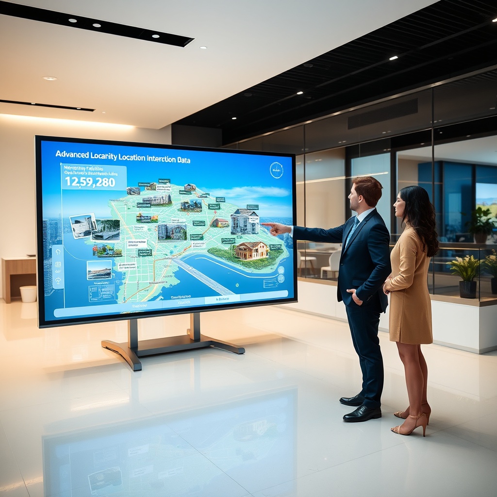 "A sleek, modern real estate office setting showcasing a large digital display. The screen vividly presents a dynamic, interactive map that zooms in on various properties, highlighting advanced location data points such as demographics, nearby facilities like schools and restaurants, and transportation links. The foreground should feature a real estate agent pointing at the display, engaging in a discussion with a potential investor, portraying a scene of professional collaboration and forward-thinking technology."