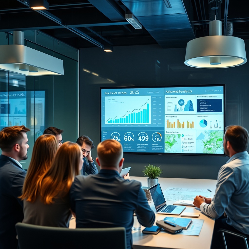 "A sleek, contemporary office environment where a diverse group of real estate professionals are engaged in a collaborative meeting. The central focus is a large, high-resolution monitor displaying an advanced analytics interface showing real estate trends for 2025, guided by CFPB regulations. Visual elements on the screen include interactive graphs about market forecasts, embedded tech tools for compliance, and strategic planning maps that feature smart technology integration in urban areas. The room is well-lit, reflecting a forward-thinking and innovative atmosphere, appealing to tech-savvy investors and professionals."