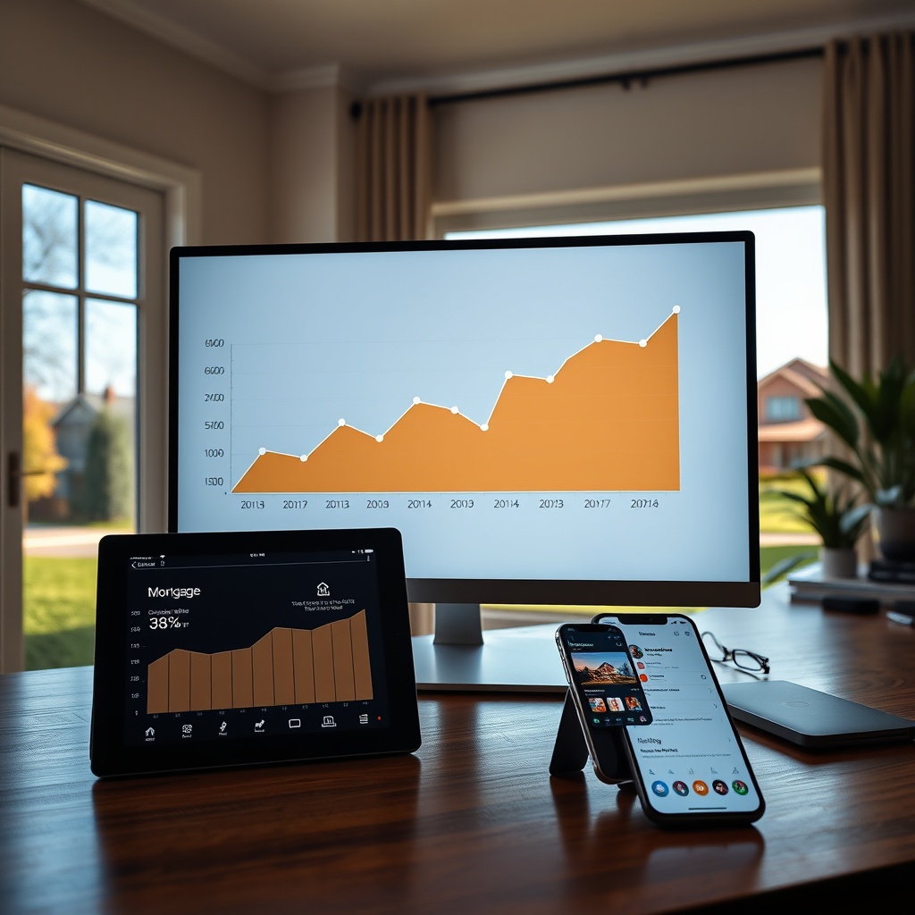 "A sophisticated home office scene featuring a large, high-resolution computer monitor displaying a graph with stable mortgage rates over time. The desk hosts modern tech gadgets like a tablet showing a real estate app and a smartphone with notifications from a property investment platform. The backdrop shows a sunny window overlooking a peaceful suburban neighborhood, reflecting security and prosperity. The setting conveys a blend of financial stability and technological advancement in real estate."
