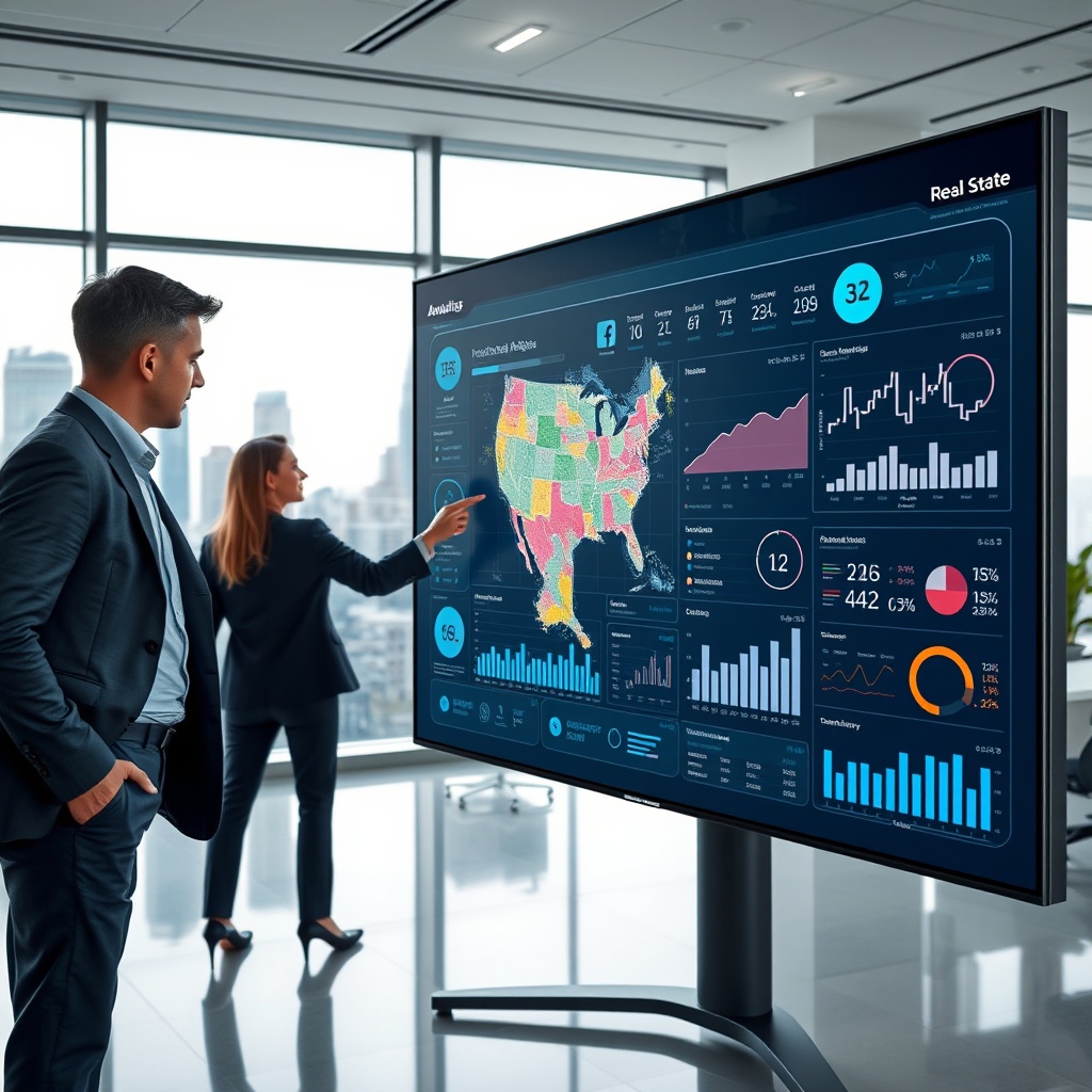 "A sleek and modern workspace featuring a real estate agent interacting with an advanced, large touchscreen display showing a dynamic map and various real estate analytics. The background is a well-lit office with minimalistic furniture and large windows showcasing a city skyline. The display highlights innovative tech tools like data analytics graphs and real-time property market trends, reflecting adaptation to recent CFPB regulatory changes. The scene conveys a sense of professionalism, forward-thinking, and success in real estate."