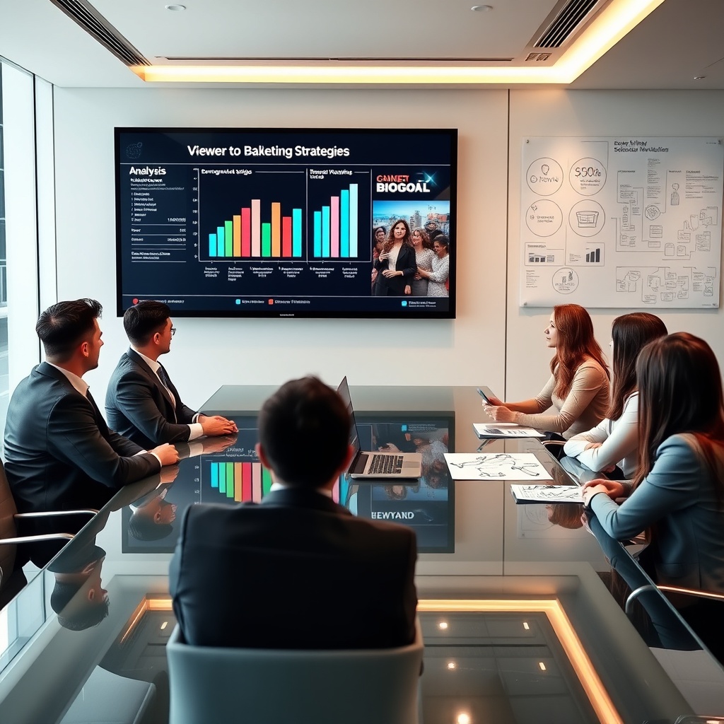 "A sophisticated and modern office environment, where a group of real estate professionals are gathered around a sleek, glass-top conference table. One wall of the room is adorned with a large, high-definition screen displaying analysis of demographic trends and viewer statistics from a recent Super Bowl event. The room reflects a high-energy brainstorming session with creative diagrams and flowcharts visible in the background, symbolizing dynamic marketing strategies. No individuals are distinctly recognizable, ensuring focus on the professional setting and concept presentation."