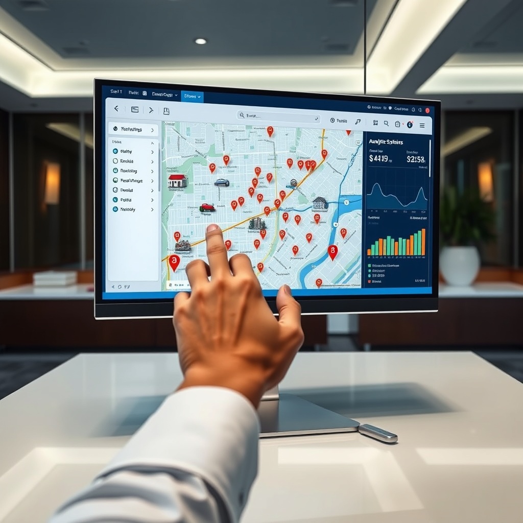 "A sophisticated real estate analytics dashboard on a sleek, ultra-thin monitor, positioned in an elegant, modern office environment. The screen displays a vibrant, detailed digital map pinpointing a variety of real estate listings with dynamic icons representing schools, public transportation stops, and other key amenities. The foreground includes a hand of a professional adjusting the dashboard settings, subtly reflecting a scene of active engagement and decision-making, suggesting a focus on innovation and precision in real estate development."