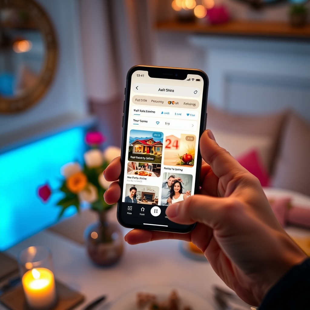 "A vibrant and engaging scene displaying a modern smartphone held in hand, with an open app interface showcasing a unique mix of real estate listings and dating profiles. Surrounding the phone, soft focus elements hint at a romantic dinner setup in a tastefully decorated home, with candles and flowers subtly visible in the background. The atmosphere conveys a warm, inviting, and innovative vibe, suitable for young adult homeowners exploring new connections."