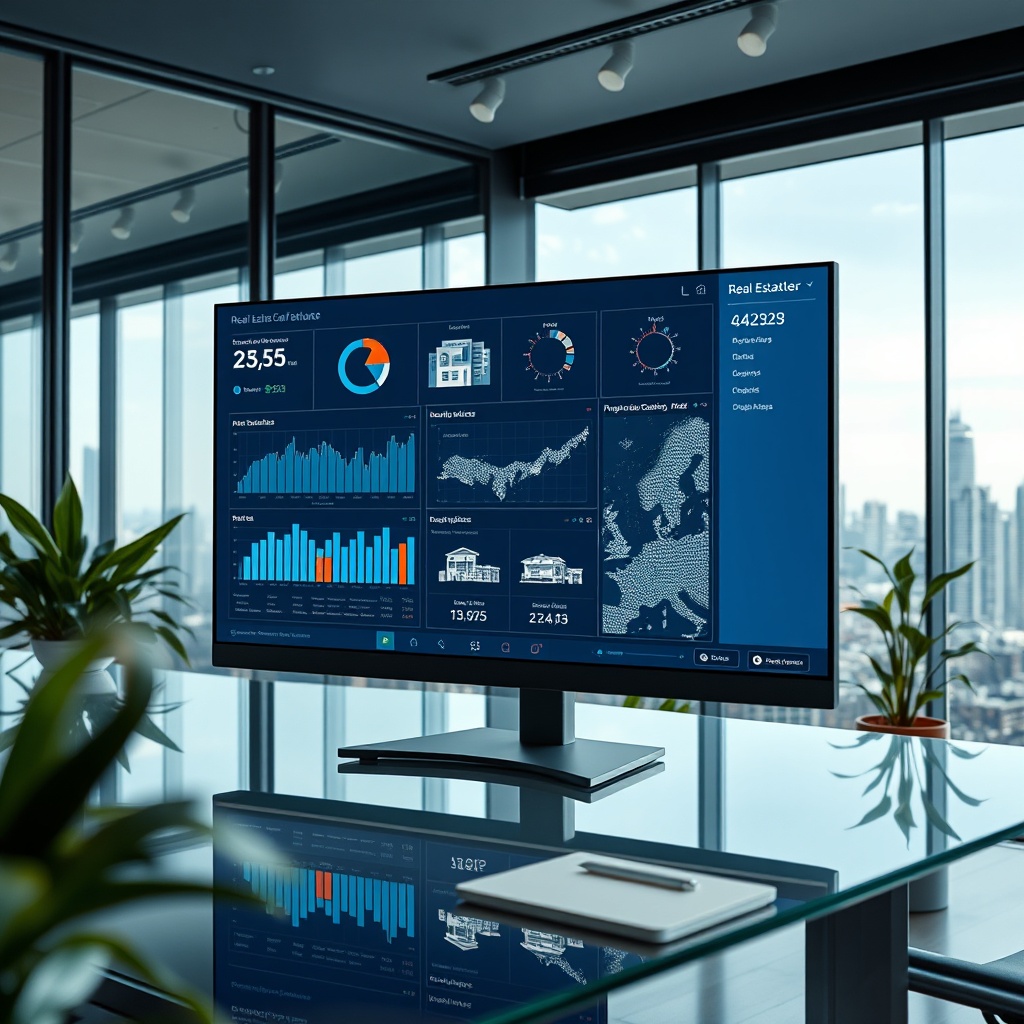 "An ultramodern real estate agent's workspace, featuring a sleek, large monitor displaying an advanced real estate software interface. The screen shows various analytics, including market trends and legal updates for multiple properties overlaid on an interactive map. The office is stylish and minimalistic, with glass surfaces and green plants, reflecting a high-tech, forward-thinking environment. The background subtly hints at a city skyline, suggesting a connection to urban real estate developments."