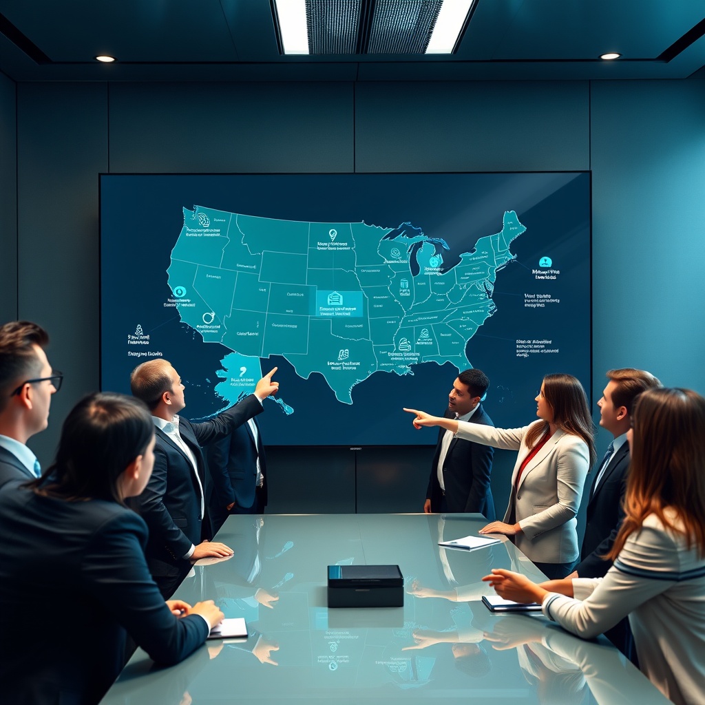 "A sleek, high-tech conference room with a large digital screen displaying a dynamic map of the United States. The map is interactive and shows various tech innovations scattered across different states, each represented by icons such as smart homes, real-time analytics, and AI-driven market analyses. The room is occupied by a diverse group of professional real estate executives, both male and female, dressed in business attire, actively engaged in a discussion pointing at the screen. The atmosphere conveys a sense of modern professionalism and forward-thinking strategy in real estate technology."