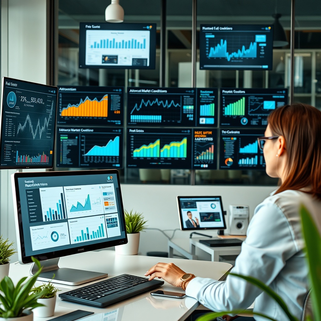 "A sophisticated workspace featuring a real estate agent analyzing an advanced market conditions (AMC) dashboard on a high-resolution, sleek computer screen. Surrounding the agent are multiple digital displays showing dynamic charts, market trend graphs, and various real estate tools that reflect cutting-edge technology and data analytics. The office is modern with a clean, professional design, enhanced with elements like glass surfaces and green plants, emphasizing a forward-thinking, tech-enabled approach to overcoming real estate challenges."