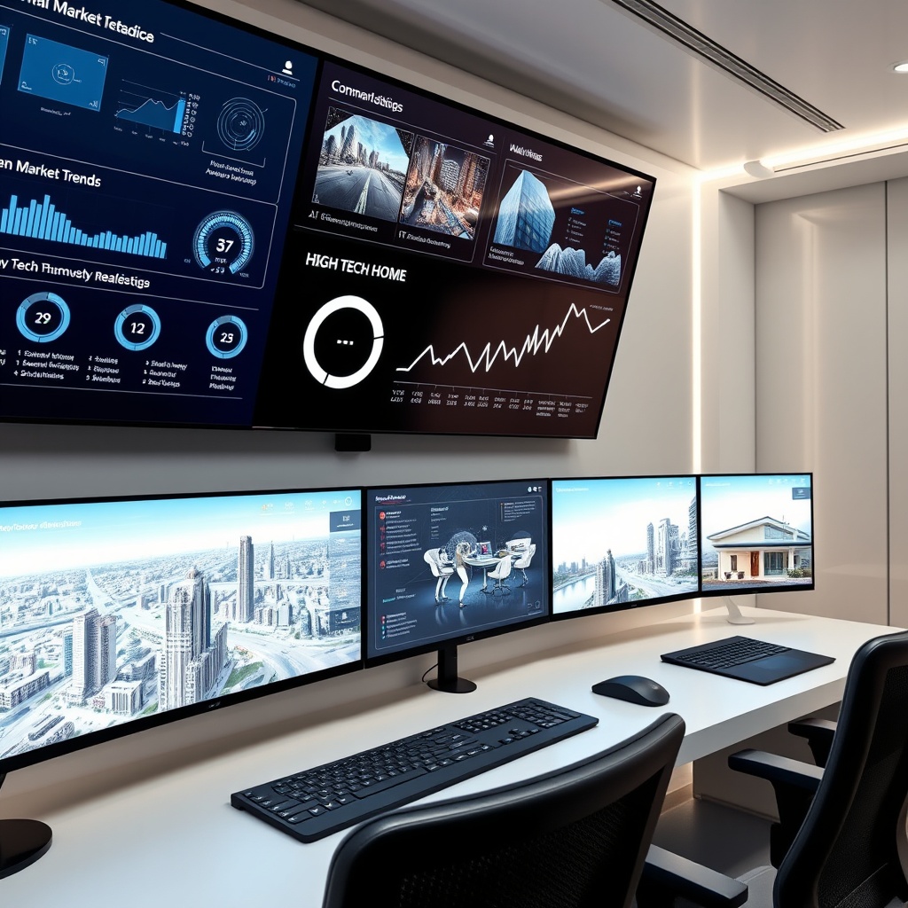 "A sleek, high-tech command center with multiple screens displaying futuristic real estate analytics and virtual reality models of urban landscapes. One screen highlights innovative tech strategies such as AI-driven market trends, while another showcases a virtual walk-through of a high-tech home equipped with smart amenities. The setting is bright and modern, emphasizing a forward-thinking, innovative environment suitable for real estate professionals looking towards 2025."