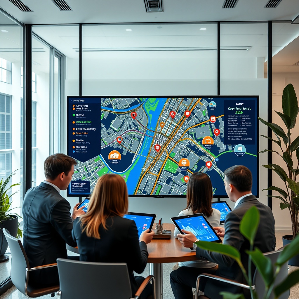 "A sleek, modern real estate office environment featuring a large, high-resolution monitor displaying an interactive city map. The map is vibrant and detailed, showcasing various property listings enhanced by enriched data symbols such as demographic trends, transit options, and school districts. Around the screen, forward-looking real estate professionals engage in discussions, using digital tablets that also display aspects of the enriched data. The office is stylish and futuristic, with glass walls and green plants, conveying a sense of innovation and success in the real estate industry of 2025."