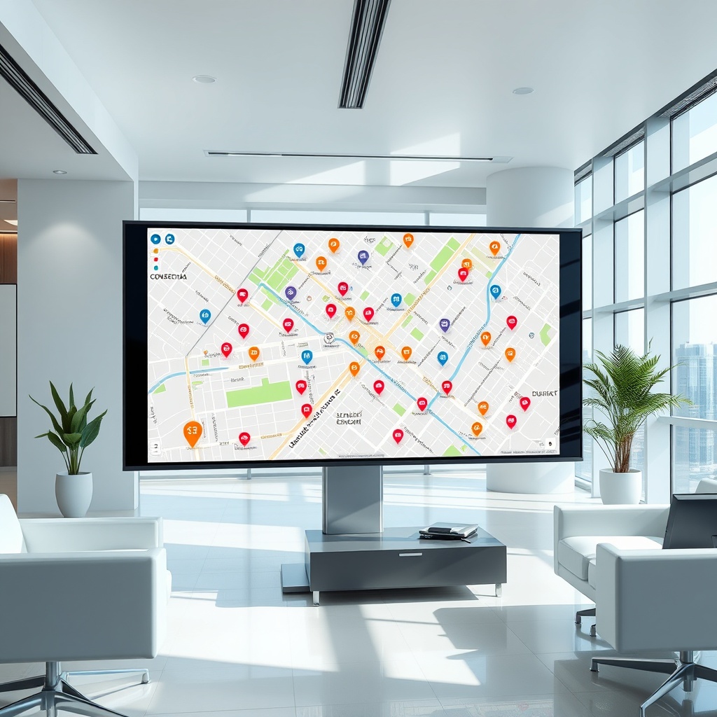 "A sleek and modern workspace featuring a large, transparent smart screen showing an interactive real estate map. The map is detailed with vibrant icons representing schools, bus stops, train stations, and color-coded property markers differentiating residential from commercial areas. The environment reflects a futuristic office setting with minimalist furniture and high-tech gadgets, emphasizing innovation in real estate analytics. Natural light streams through large windows, casting a bright and inviting atmosphere suitable for real estate professionals focusing on advanced market analysis."