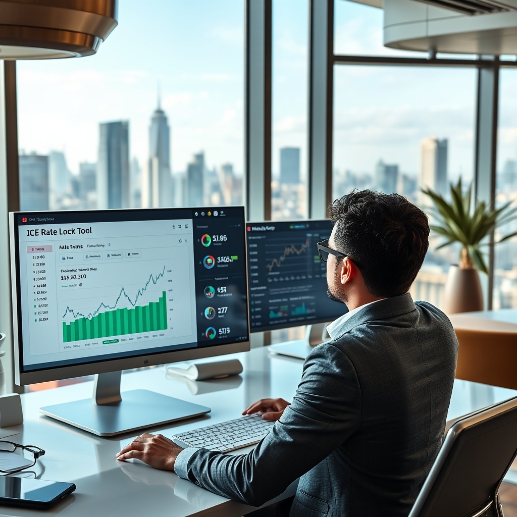 "A dynamic image showing a financial analyst in a sleek, contemporary office, using a sophisticated digital interface on a large desktop monitor that displays the ICE Rate Lock Tool. The screen shows a dashboard with graphs and real-time data analytics related to mortgage rates and real estate financing options. The setting includes high-tech elements and a view of a city skyline through large windows, conveying a sense of market connectivity and financial expertise. The atmosphere is professional and geared towards decision-making in real estate finance."